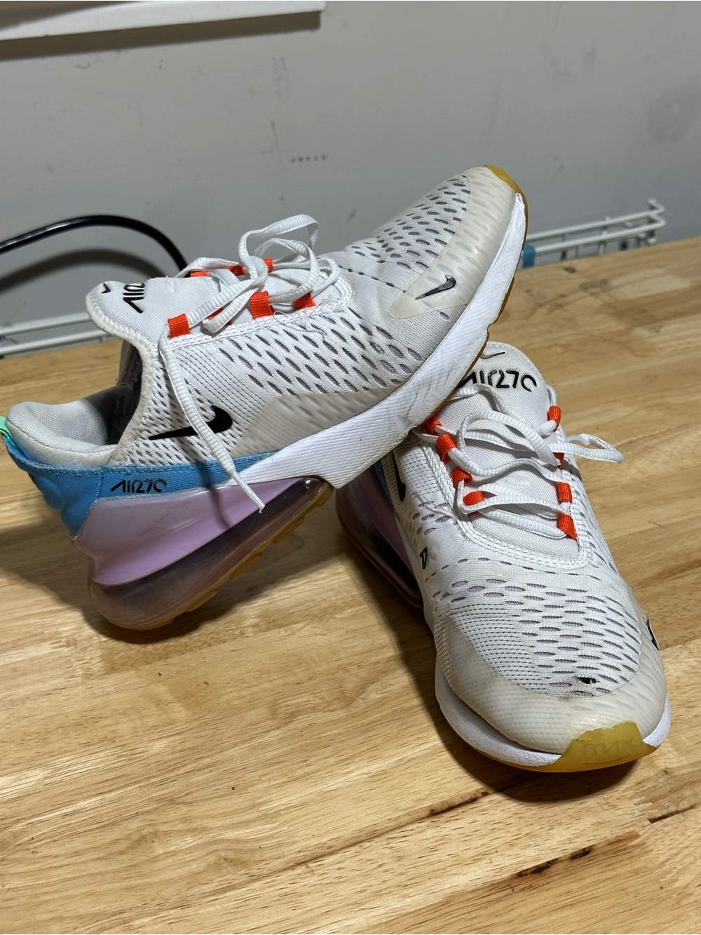Nike Women's White Air Max 270 with Blue, Purple & Orange Accents
